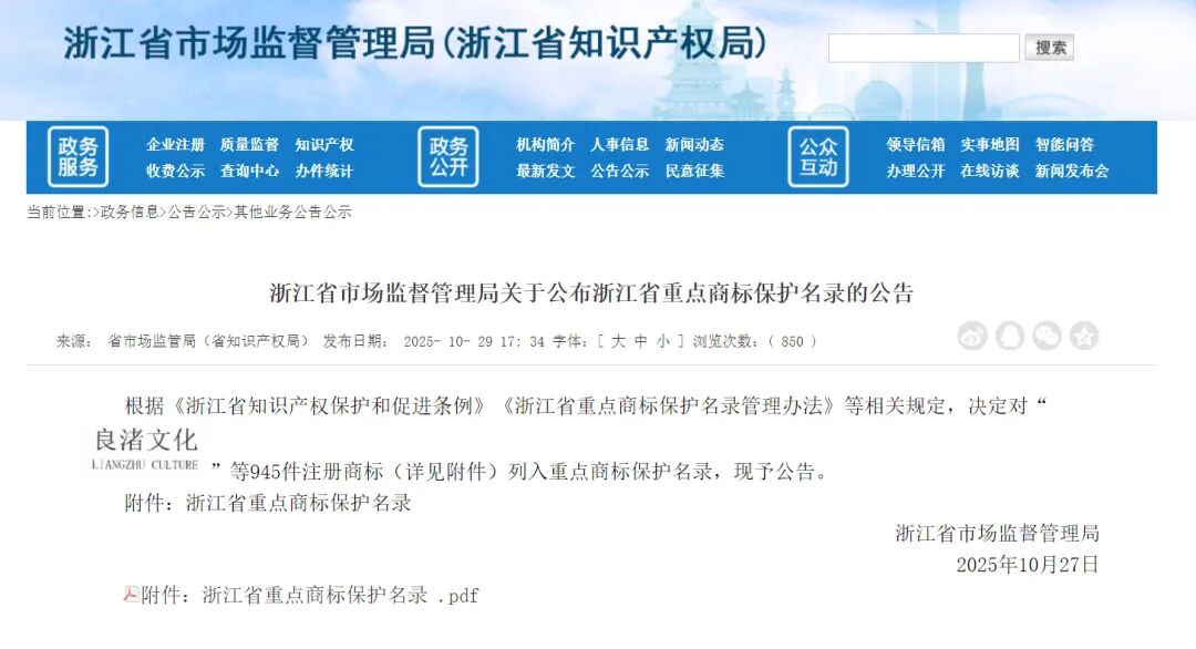 九洲(中国)集团狮峰牌入选“浙江省重点商标保护名录”